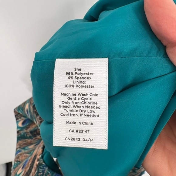 Talbots Pencil Skirt 4 Teal Peacock Feather Print Knee Length Lined Career - Picture 7 of 9